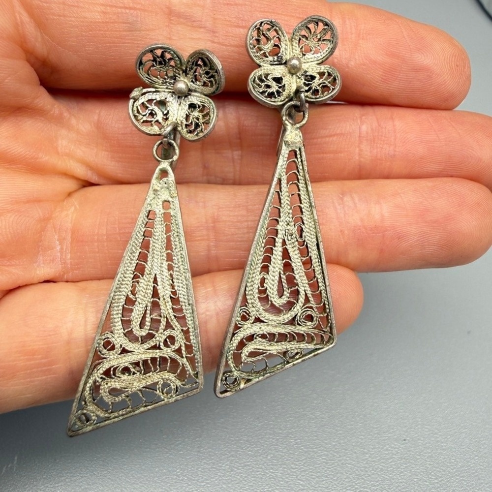 Vintage Mexico Silver Filigree Dangle Earrings Screw Back Signed READ